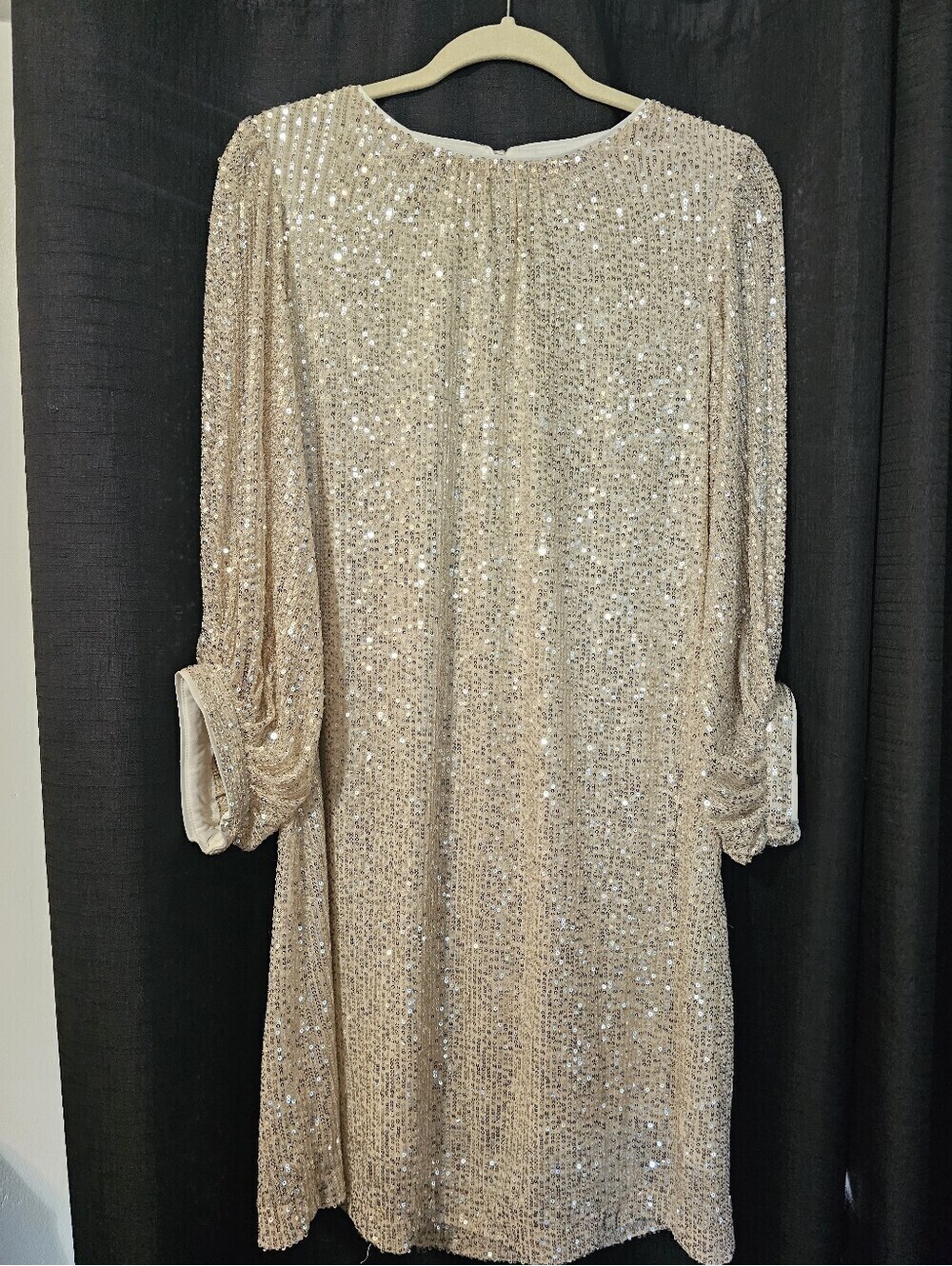 julia jordan Champagne Sequin Long Sleeve Shift Dress with Rolled Cuffs
